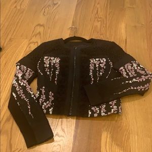 Bcbg cropped floral and lace blazer